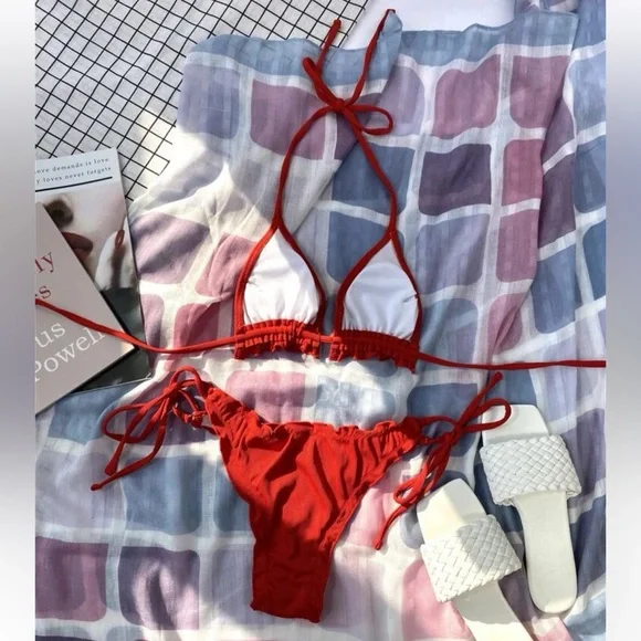 Lettuce Trim Red Ruffle Micro Bikini - Picture 3 of 4